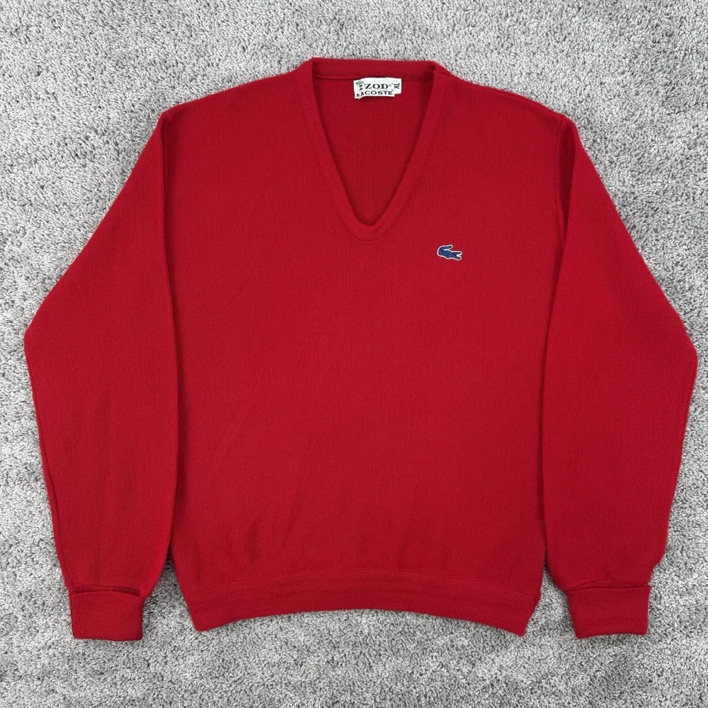 Vintage Izod Lacoste Sweater Men's XL Red V-Neck 100% Orlon Acrylic Grandpa